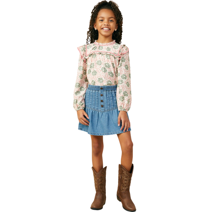 Pleated Button Detail Denim Skirt