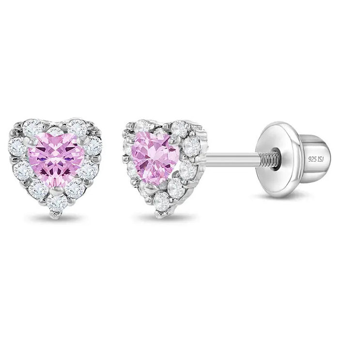 Princess Heart CZ Baby  Earrings Screw Back - Sterling Silver | PINK