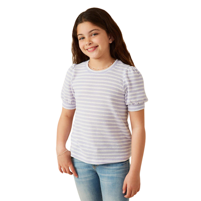 Girls Puff Sleeve Textured Stripe Knit Top