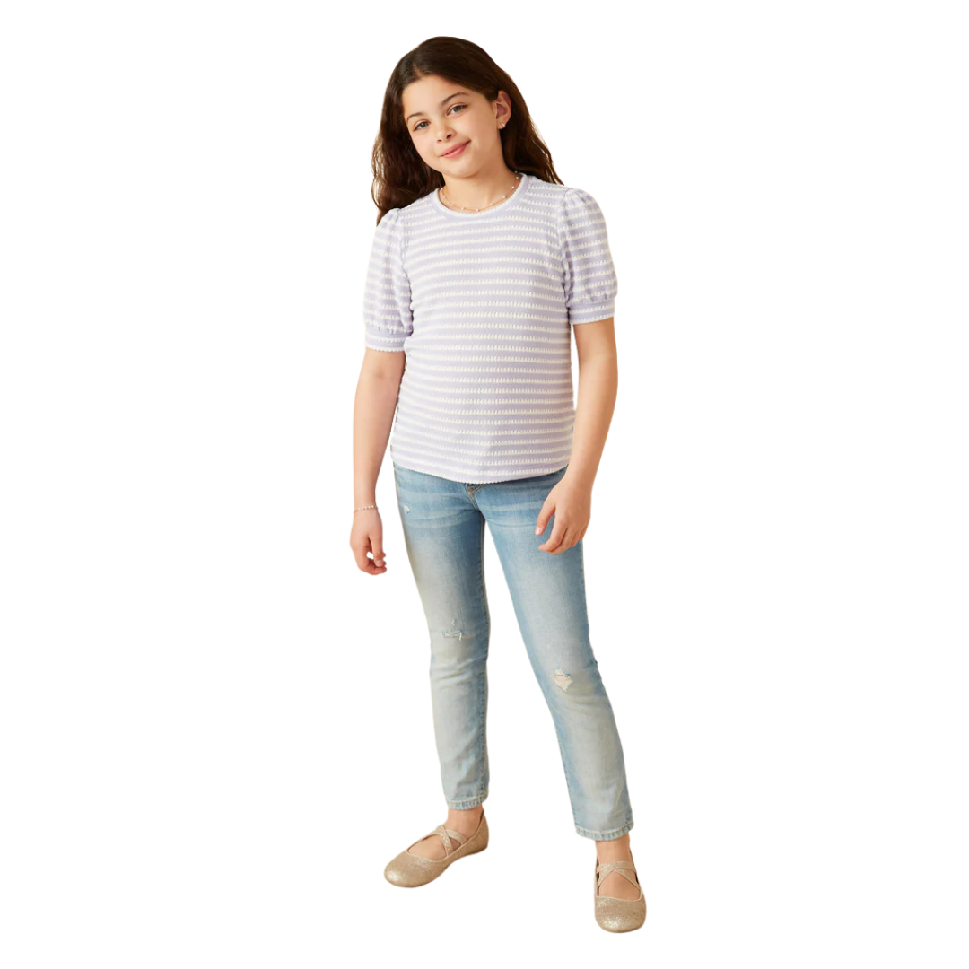 Girls Puff Sleeve Textured Stripe Knit Top