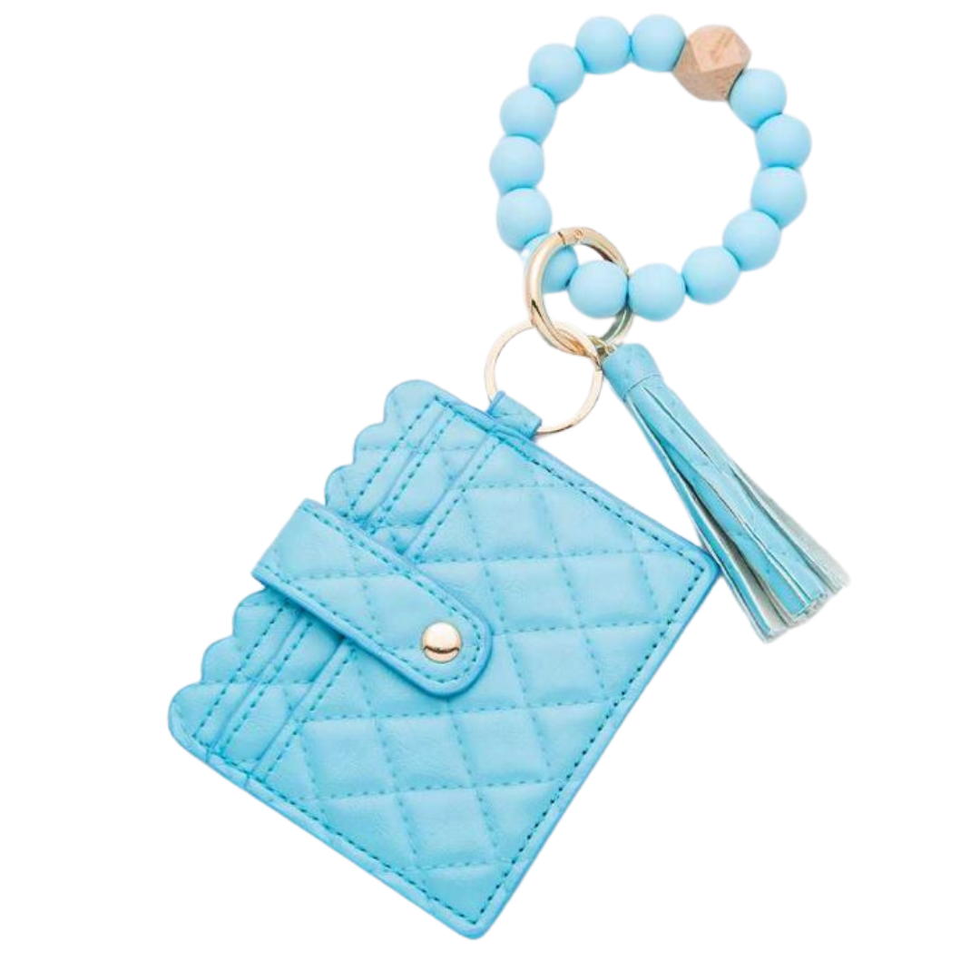 Quilted Beaded Keychain Bracelet Wallet - Blue