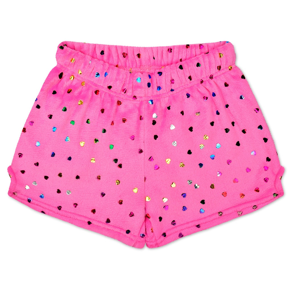 Bright Pink Foil Hearts Plush Shorts