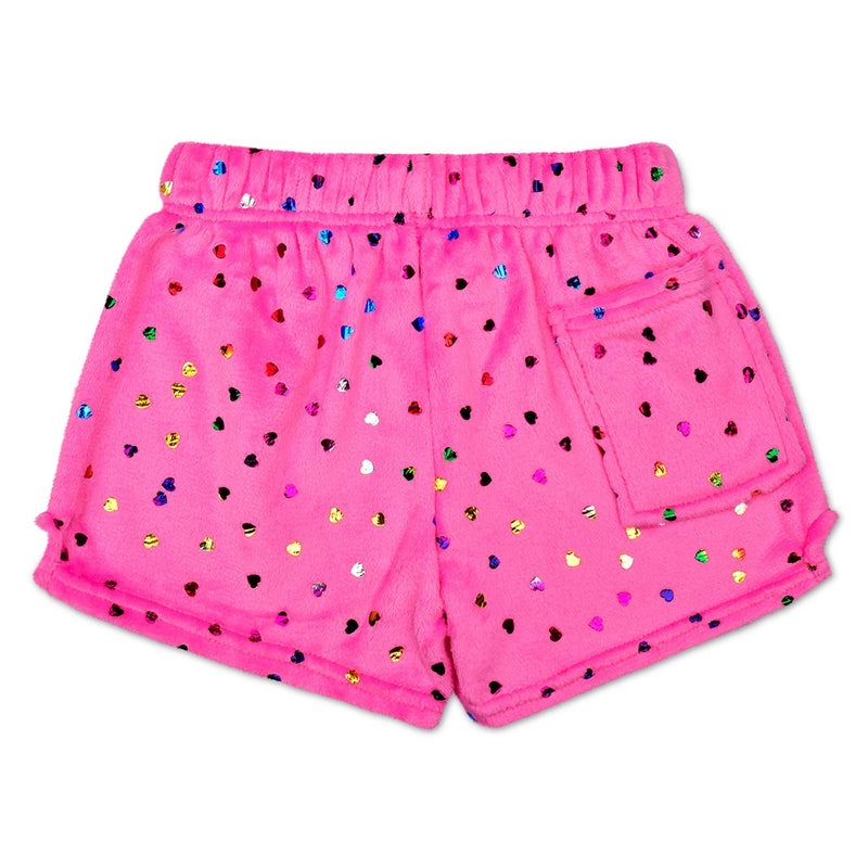 Bright Pink Foil Hearts Plush Shorts