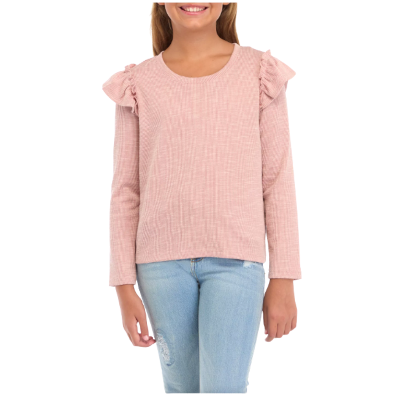 Marled Textured Ruffle Scoop Neck Knit Top