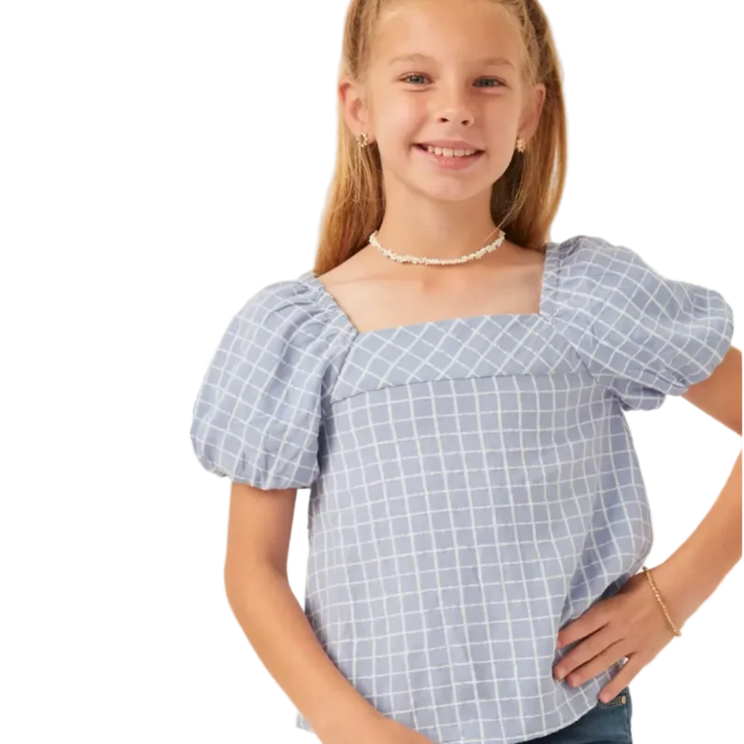 Textured Plaid Square Neck Puff Sleeve Top
