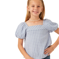 Textured Plaid Square Neck Puff Sleeve Top
