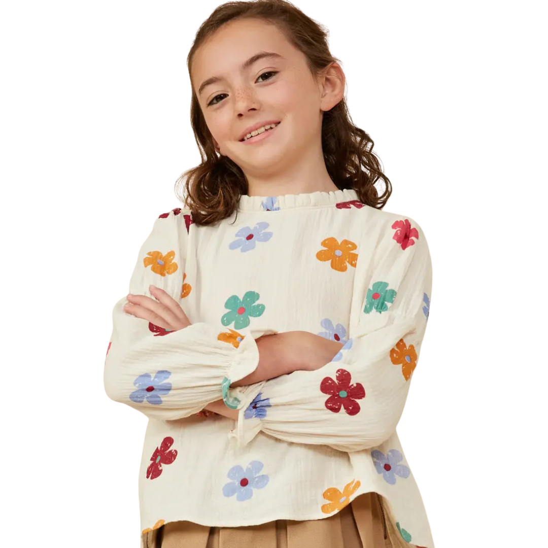 Floral Print Gauze Texture Peasant Top
