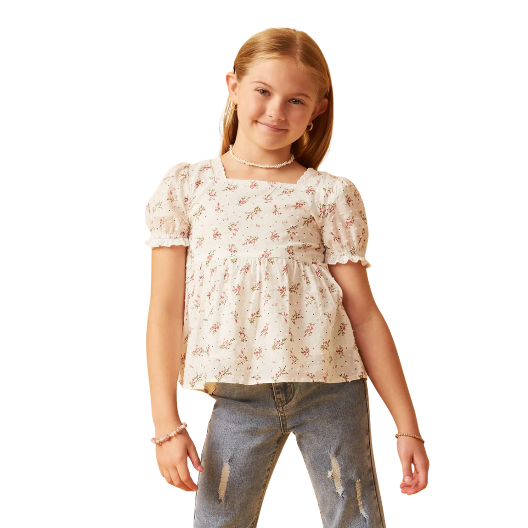 Ditsy Floral Swiss Dot Lace Trim Top