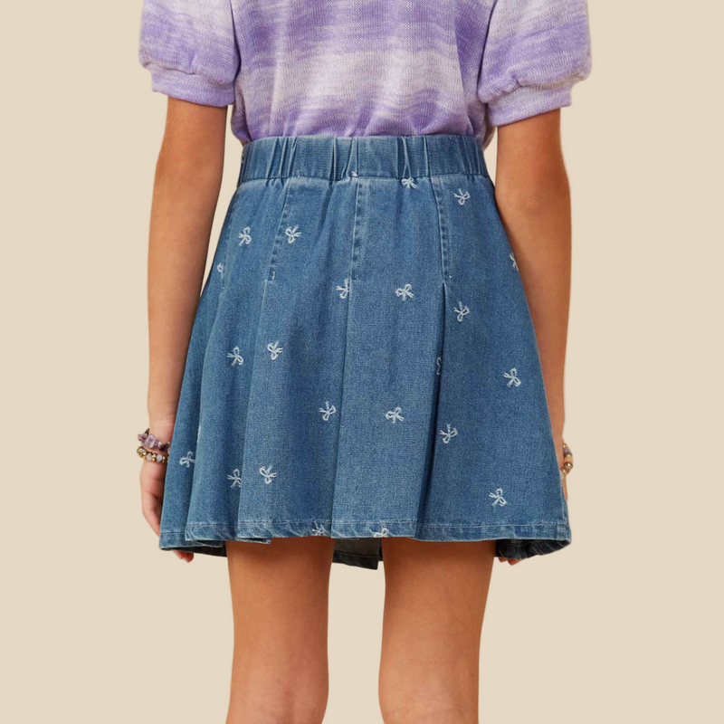 Bow Printed Pleated Denim Skirt