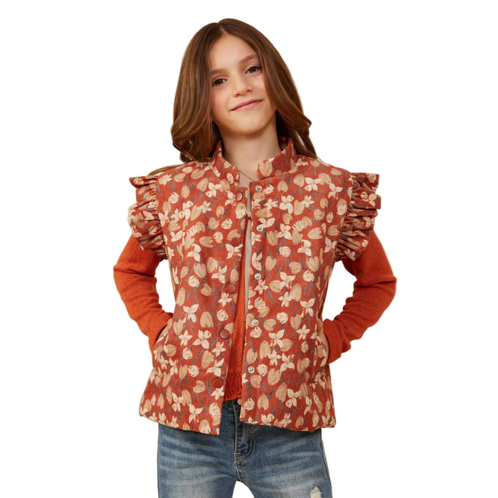 Padded Floral Print Ruffled Corduroy Vest