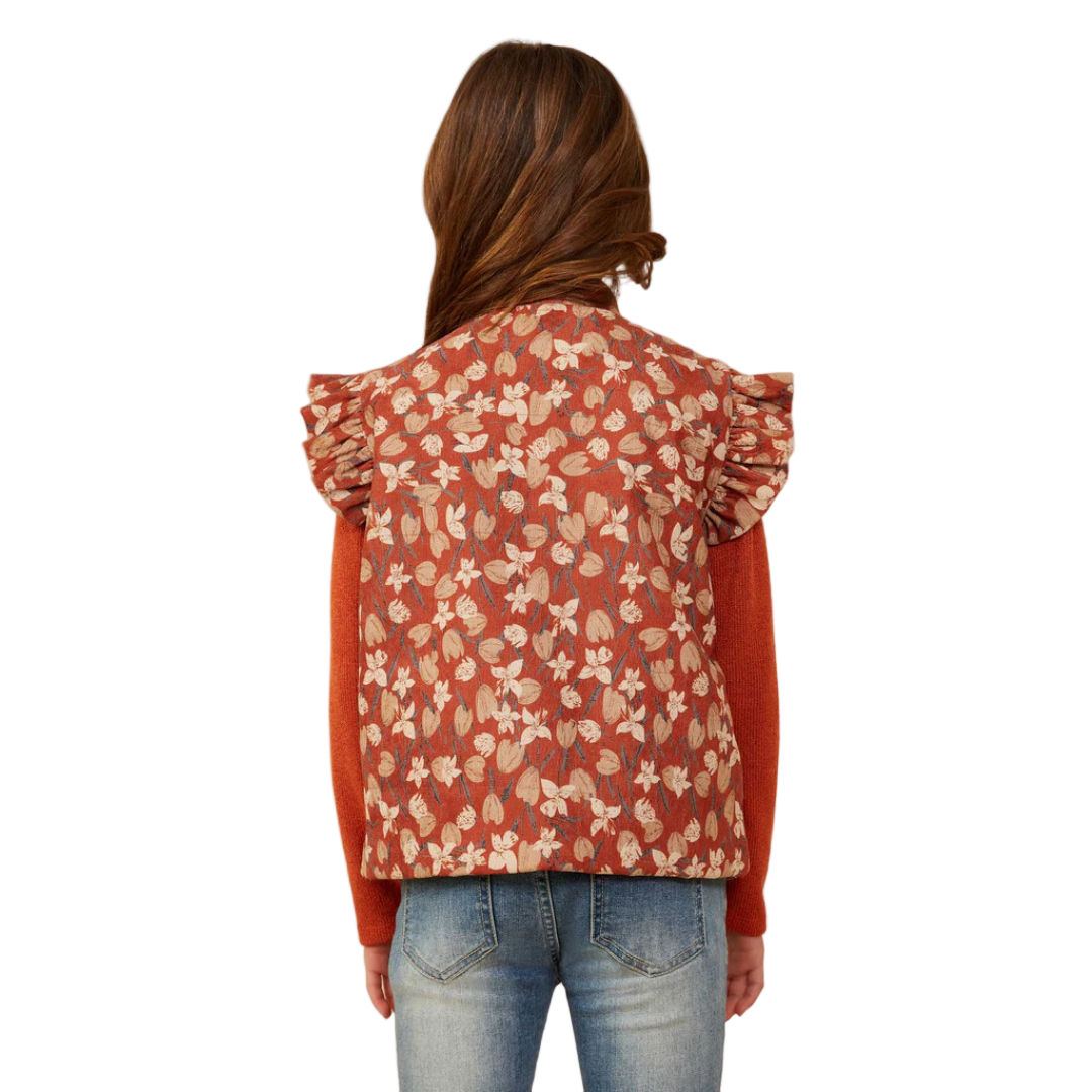 Padded Floral Print Ruffled Corduroy Vest