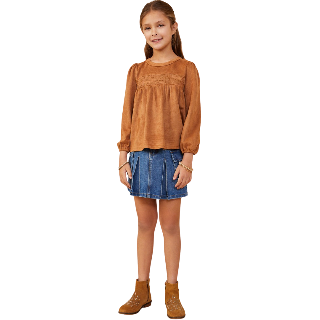 Vegan Suede Smocked Baby Doll Top