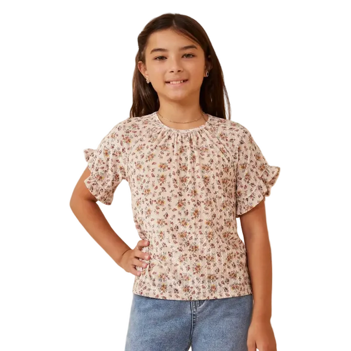 Floral Print Velvet Knit Ruffle Sleeve Top