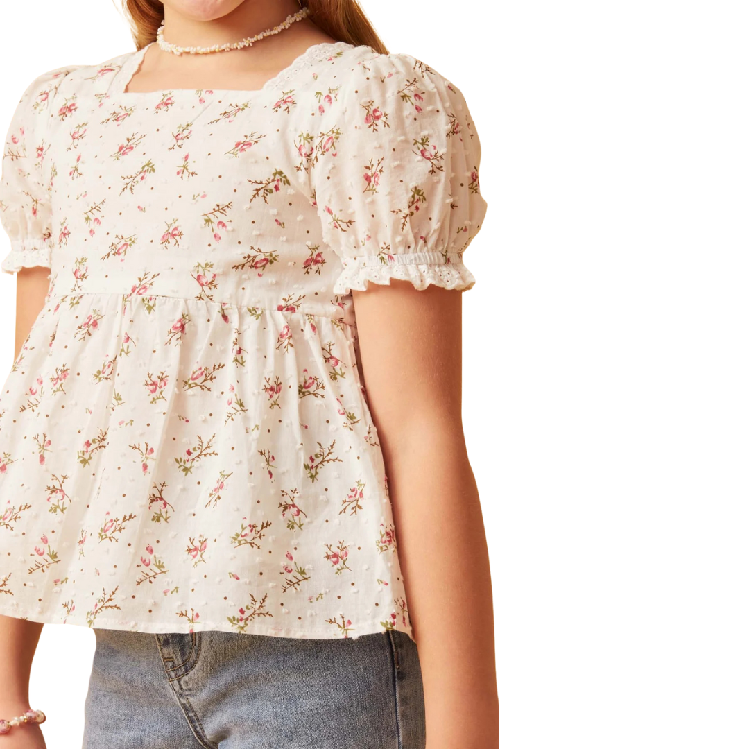 Ditsy Floral Swiss Dot Lace Trim Top