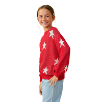 Star Print Loose Knit Sweater Top Red L