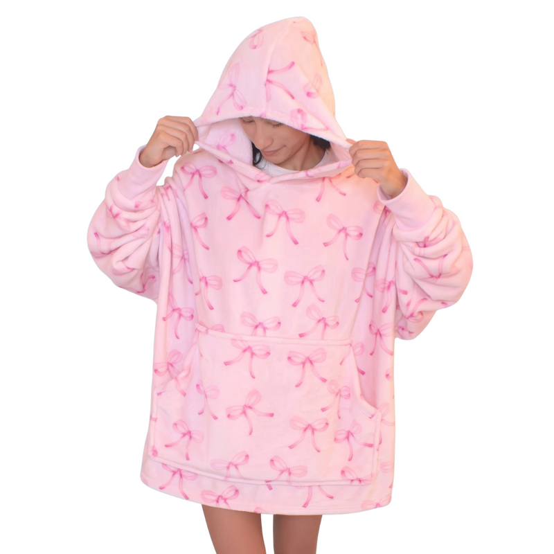Fleece Oversized Blanket Hoodie | Pink Bow Print