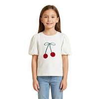 Cherry Patched Puff Sleeve Knit T-Shirt