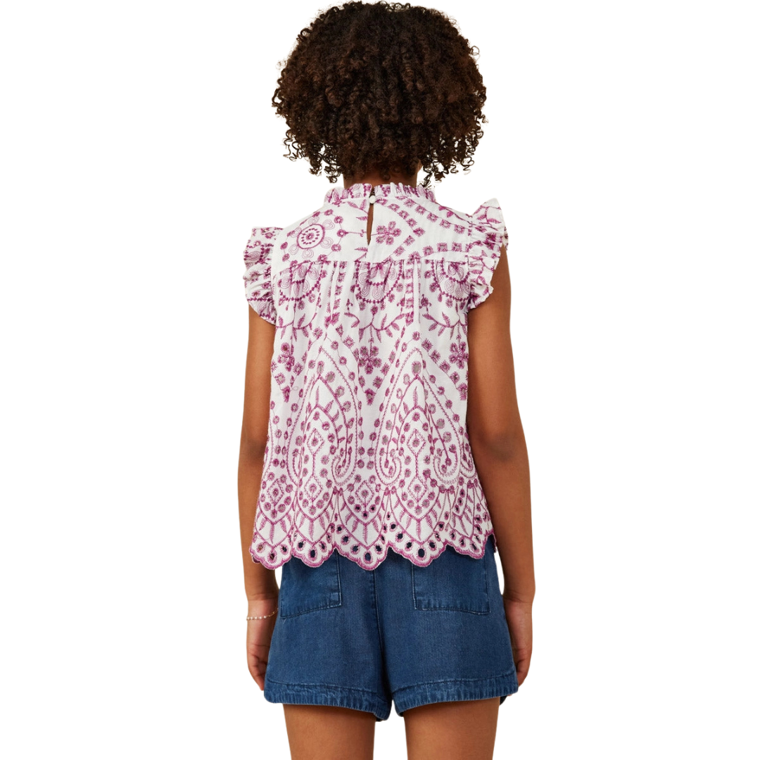 Eyelet Ruffle Detail Scallop Hem Top