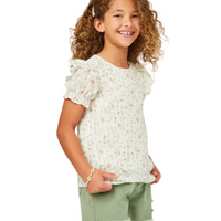 Textured Lurex Detail Printed Ruffle Top