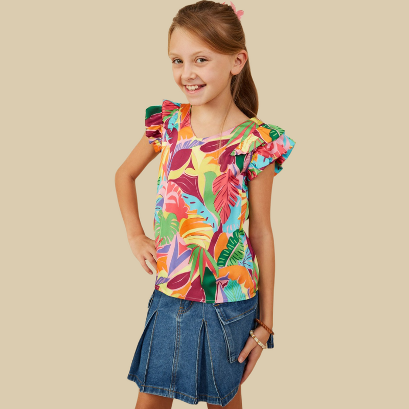 Girls Tropical Print Double Ruffled Top