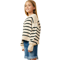 Drop Shoulder Puff Sleeve Striped Sweater Top