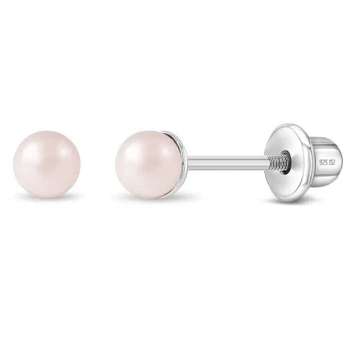 Pink Pearls 3-5mm Kids Earrings Screw Back - Sterling Silver