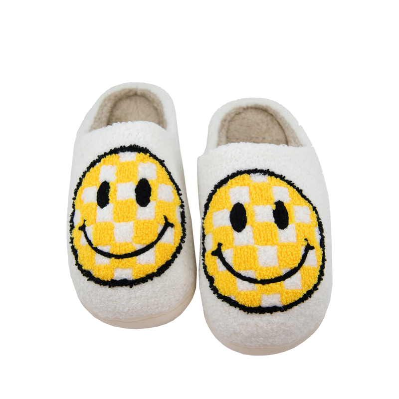 Yellow Checkered Happy Face Slippers