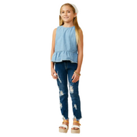 Buttoned Back Denim Peplum Tank