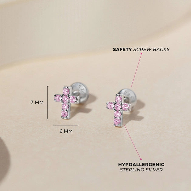 The Perfect Cross 7mm Earrings Screw Back - Sterling Silver | PINK