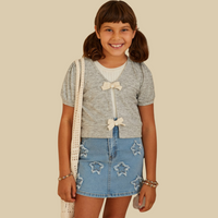 Girls Ribbon Detailed Short Sleeve Knit Open Top