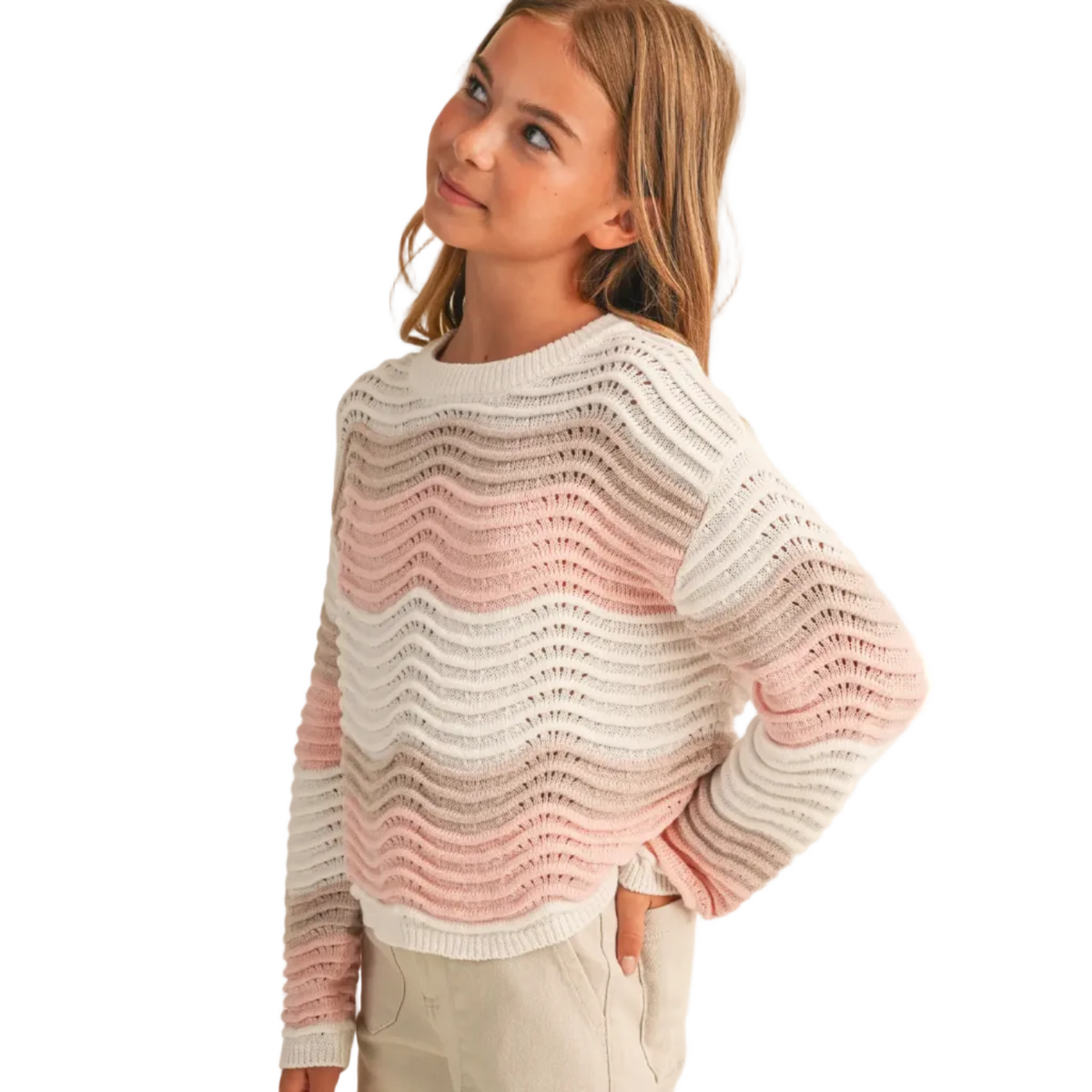 Crew Neck Wavy Rib Knit Pull Over