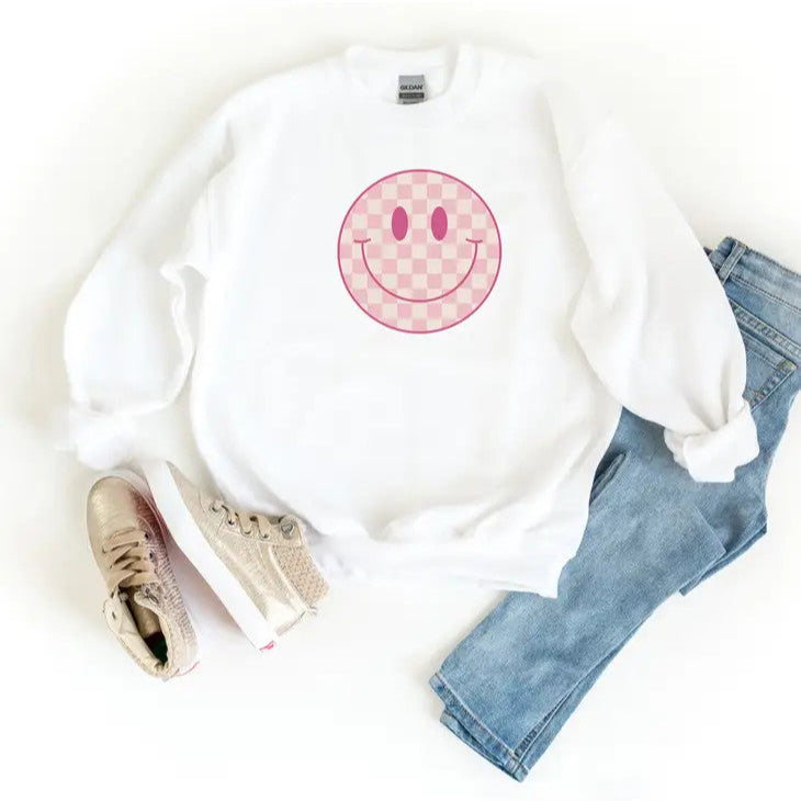 Pink Checker Smiley Face Sweatshirt Multi Color Ink