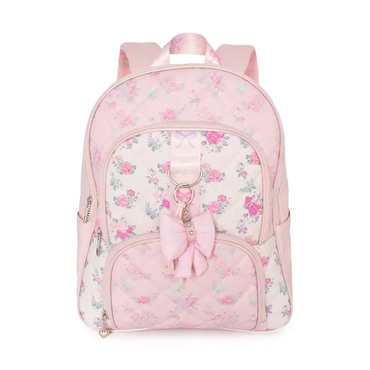 Floral Quilted Large Backpack & Bow Charm