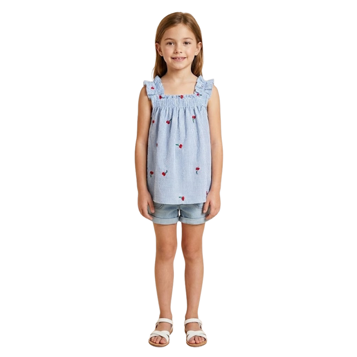 Cherry Embroidered Ruffle Strap Tank