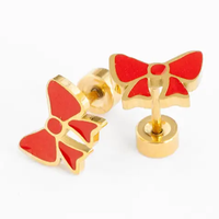 Red Bow Stud Earrings - Gold
