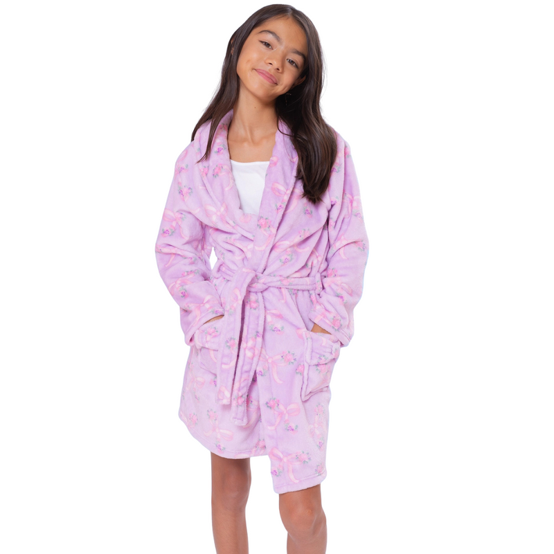 Fleece Bath Robe | Orchid Floral Bow Print
