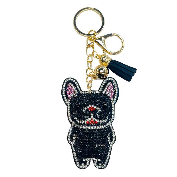 Rhinestone Keychain | Dog Frenchie Black with Pink Ears
