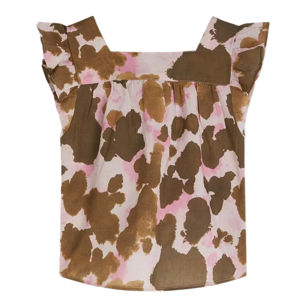 Printed Ruffle Sleeve Linen Top