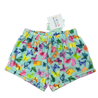 Colorful butterfly-patterned shorts on a white background