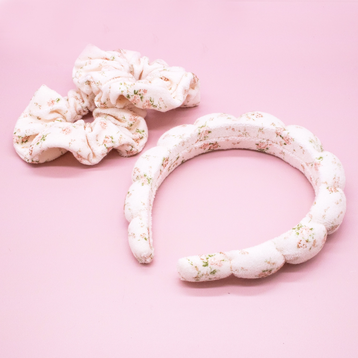 Puffy Terry Cloth Padded Spa Headband with Scrunchies | Pink Floral