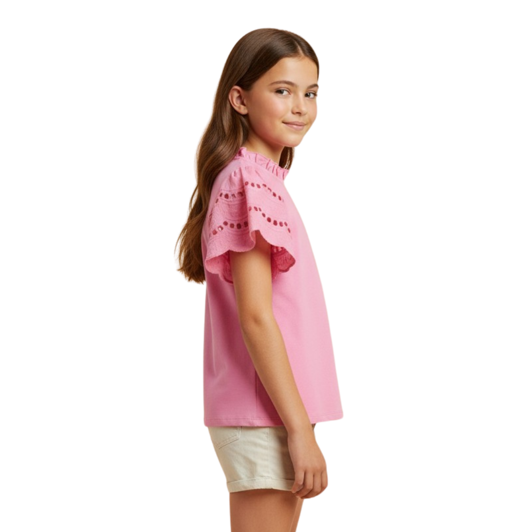 Scalloped Eyelet Lace Sleeve T-Shirt