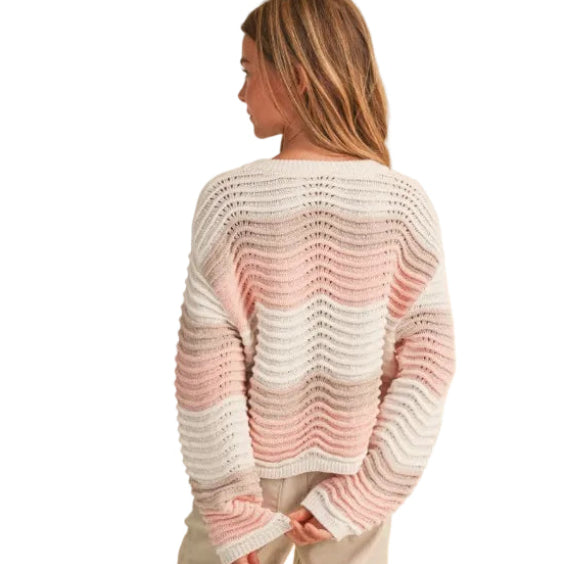 Crew Neck Wavy Rib Knit Pull Over