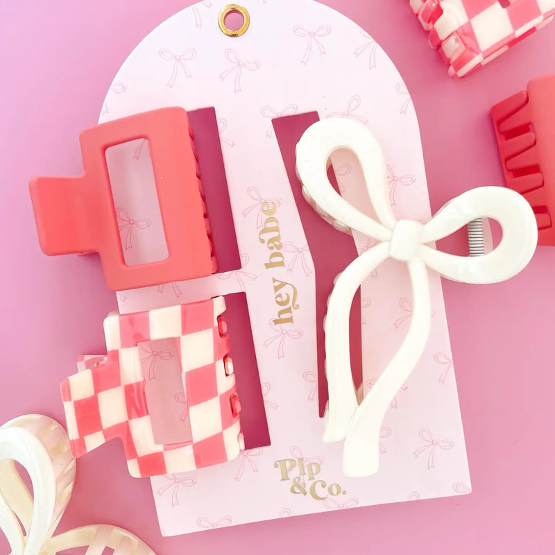 Pink Bow & Claw Hair Clip Set