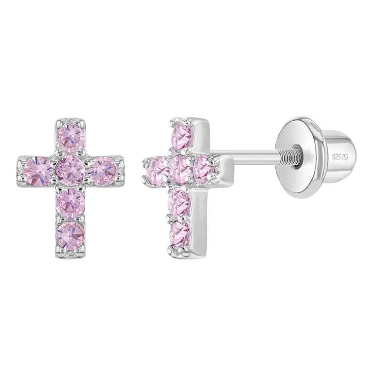 The Perfect Cross 7mm Earrings Screw Back - Sterling Silver | PINK