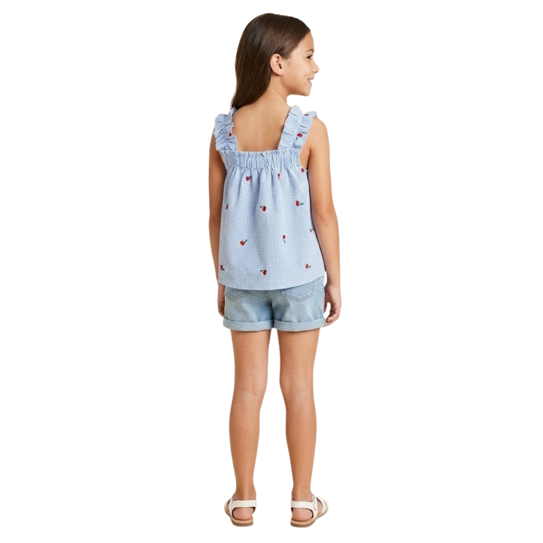 Cherry Embroidered Ruffle Strap Tank