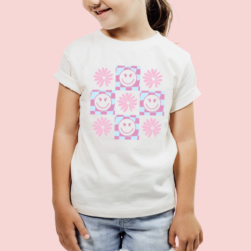 Pastel Checkered Flower Smiley Graphic Tee