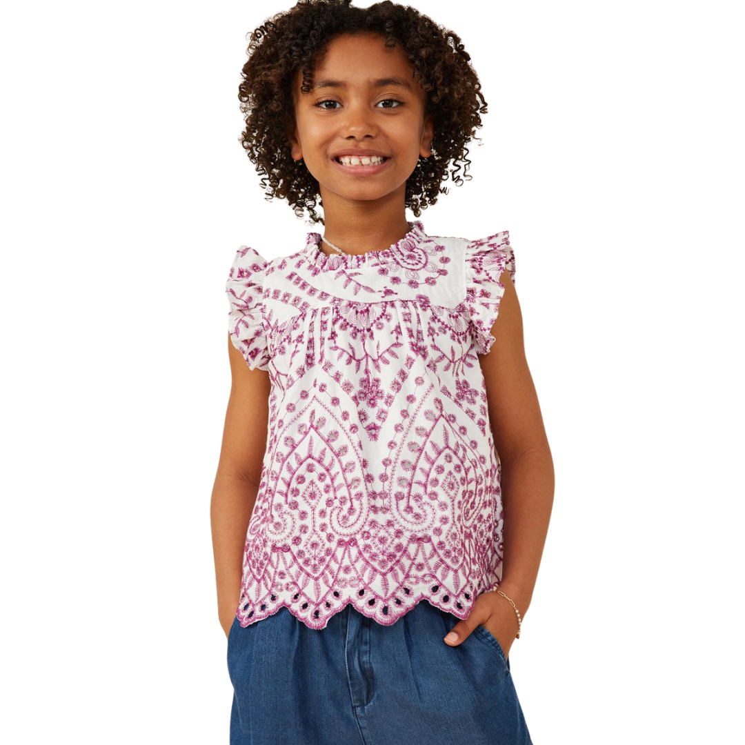 Eyelet Ruffle Detail Scallop Hem Top