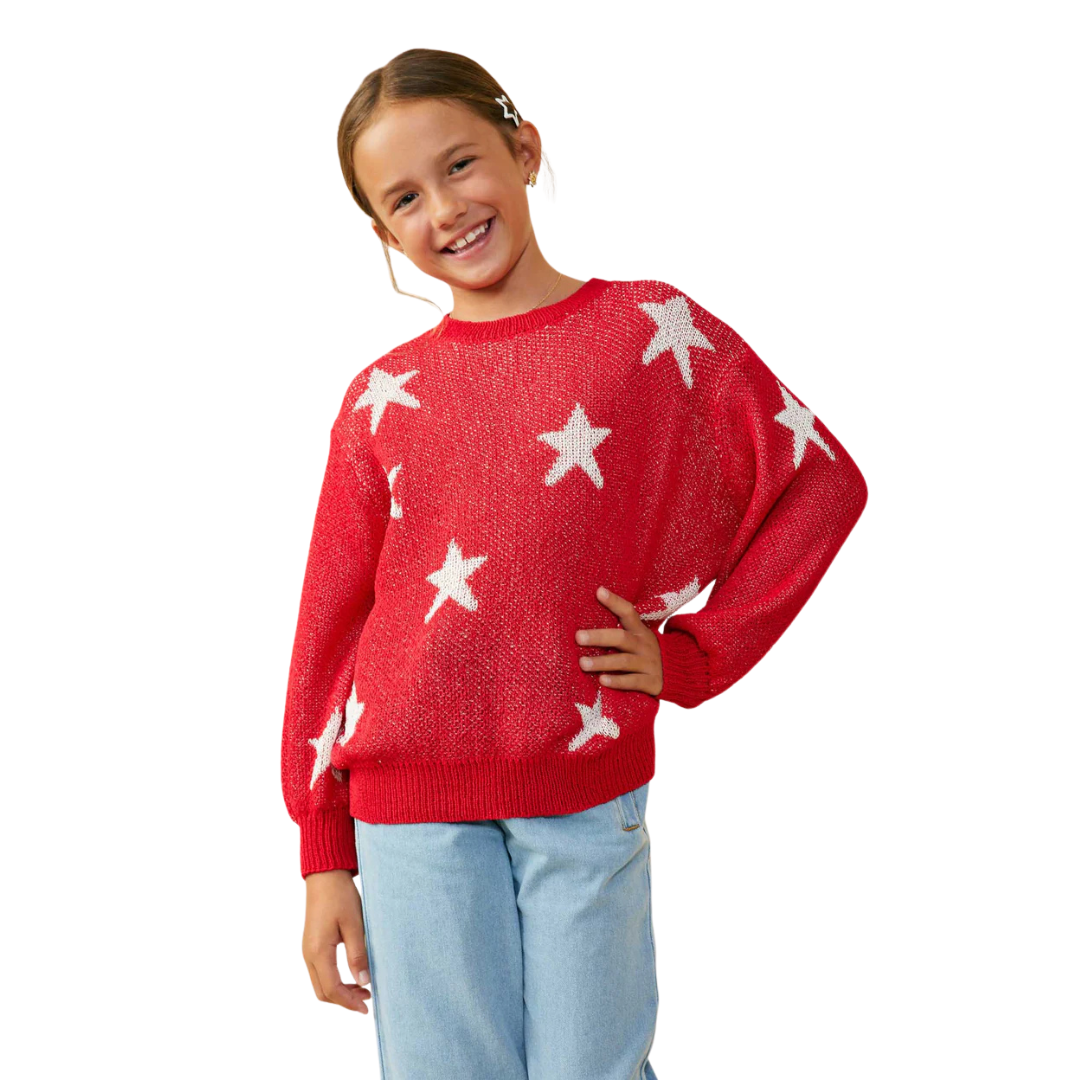 Star Print Loose Knit Sweater Top Red L