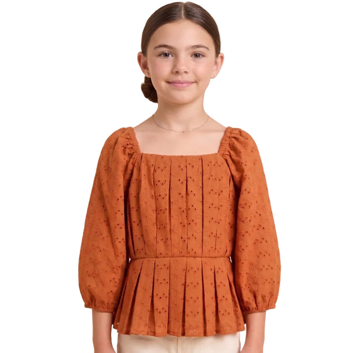 Eyelet Crochet Pleat Detail Peplum Top