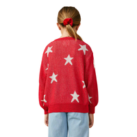 Star Print Loose Knit Sweater Top Red L